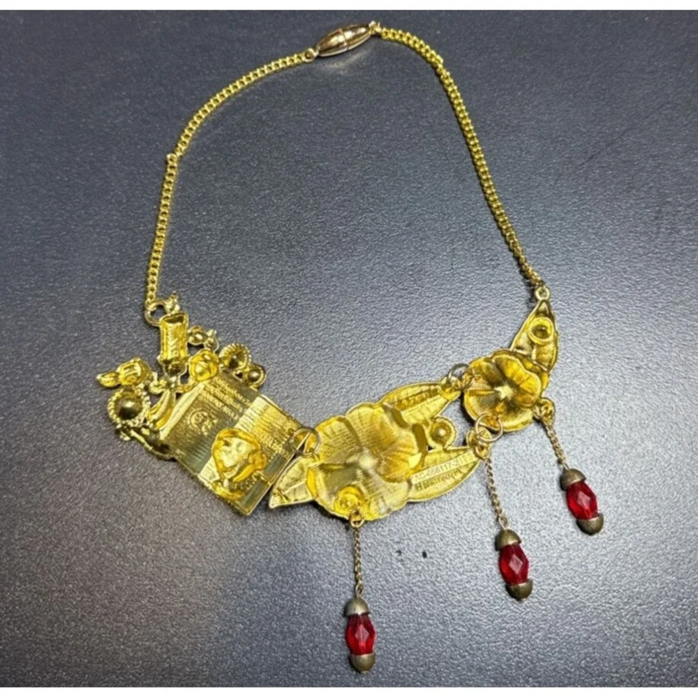 Disney Store London Gold Tone Beauty And The Beast Necklace Red Gems AB Crystals
